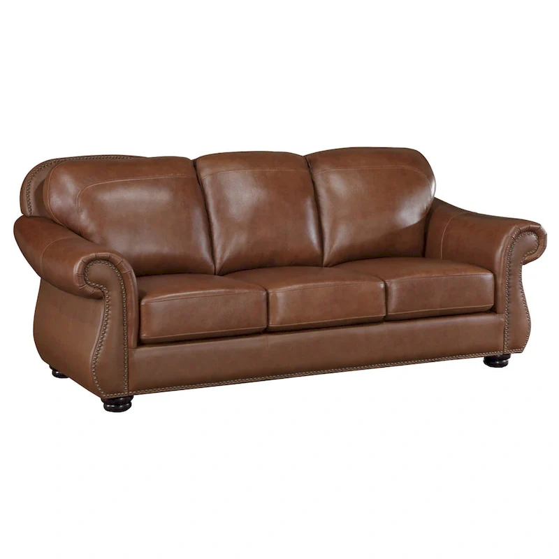 85 Inch Sofa, Camel Brown Top Grain and Faux Leather, Solid Wood Frame