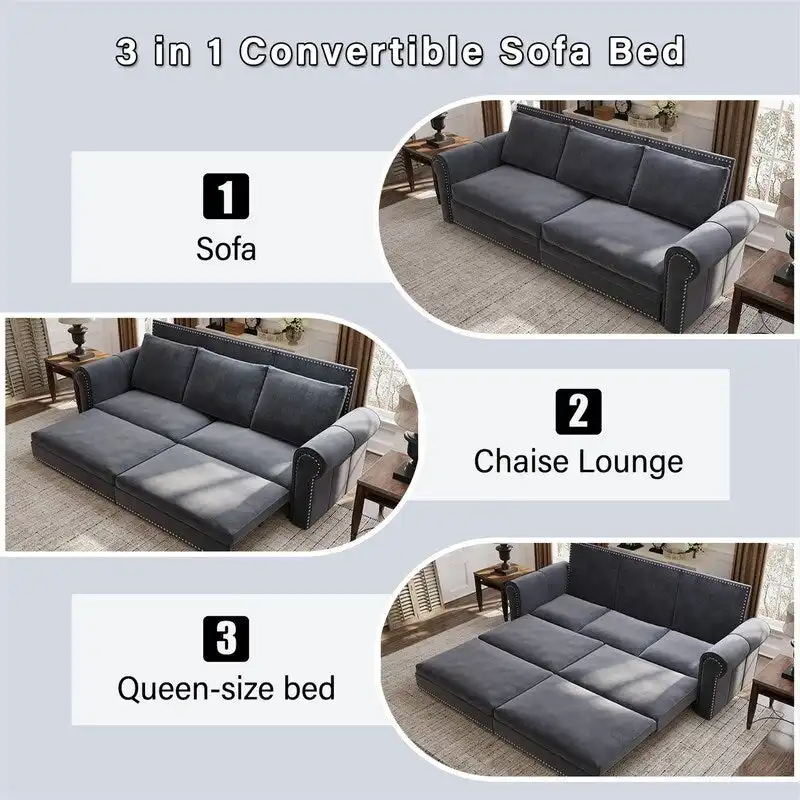 3-in-1 King Pull Out Sofa Bed Chesterfield Sofa, Velvet/Faux Leather Convertible Sleeper Sofa with Nailhead Trim & Rolled Arm