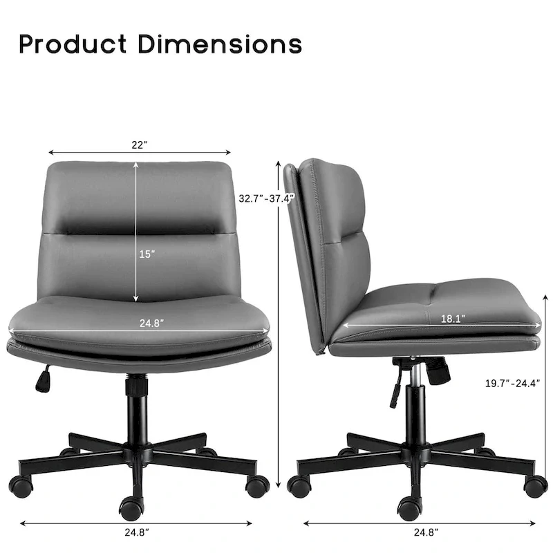 Cross Chair with Wheels,PU Leather Armless Cross Legged Office chair, Adjustable Wide Seat Task Vanity Chair