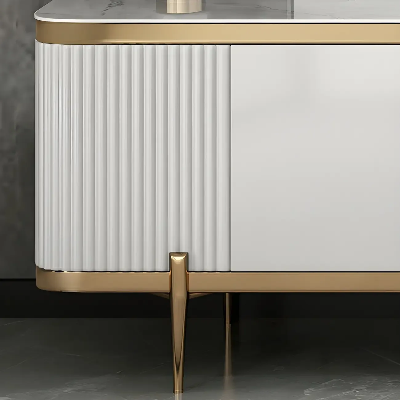 71 White Stone Fluted Panels Gold Trim TV Stand with Cabinet