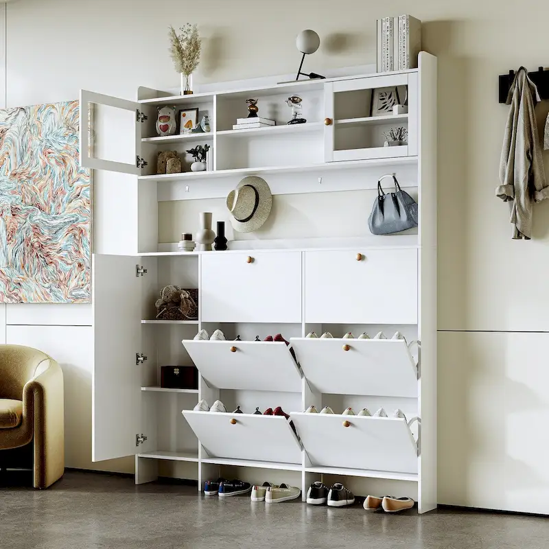 Shoe Cabinet with Storage Shelf & 6 Flip Drawers,Large Hall Tree with Tempered Glass Doors, Elegant Foyer Cabinet with 4 Hooks