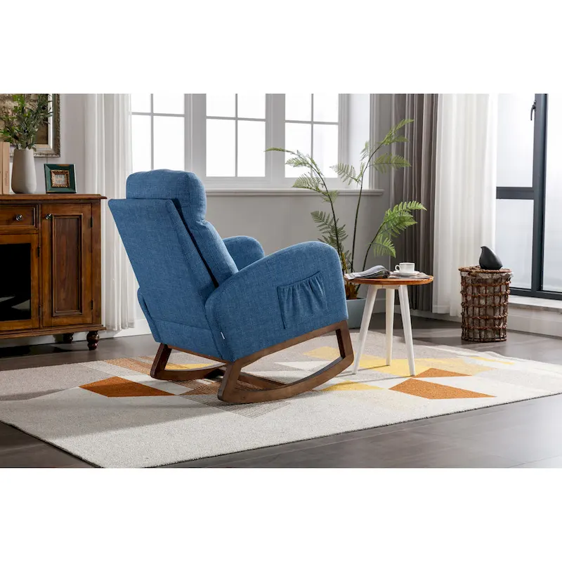 Blue 27 Upholstered Rocking Chair with Wood Legs and Convenient Side Pocket