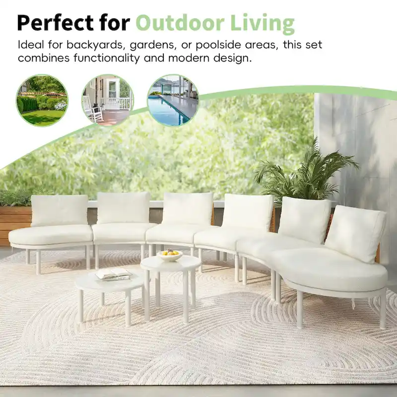 Elegant 8-Piece Modular Half Moon Patio Sofa Set with High-Low Coffee Tables