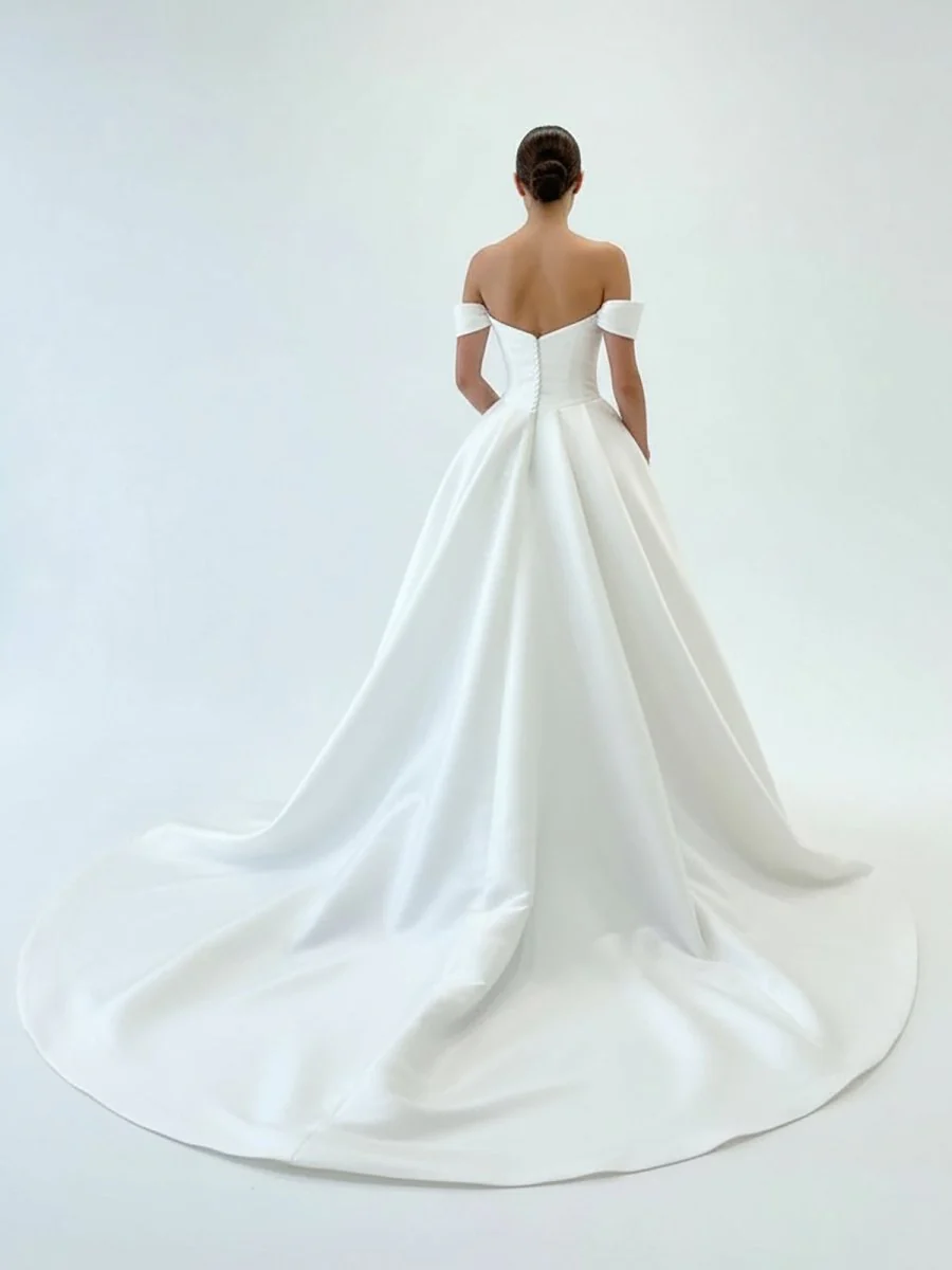 Elegant A-Line Off the Shoulder White Satin Wedding Dresses
