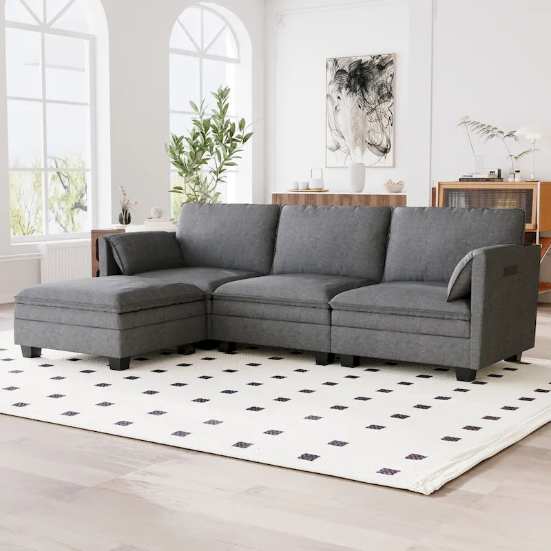 Christopher Knight Home - Noah 141.5  U-Shaped 6-Seater Sofa Couch with Movable Ottoman and Armrest Pockets, Fabric Upholstery