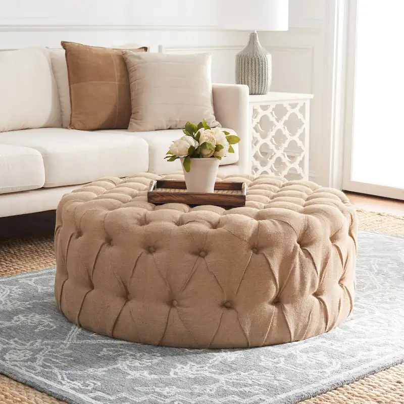 Round Button-Tufted Linen Ottoman – Mushroom / Grey / Antique Gold / Wheat / Bordeaux / Navy / Taupe, Single