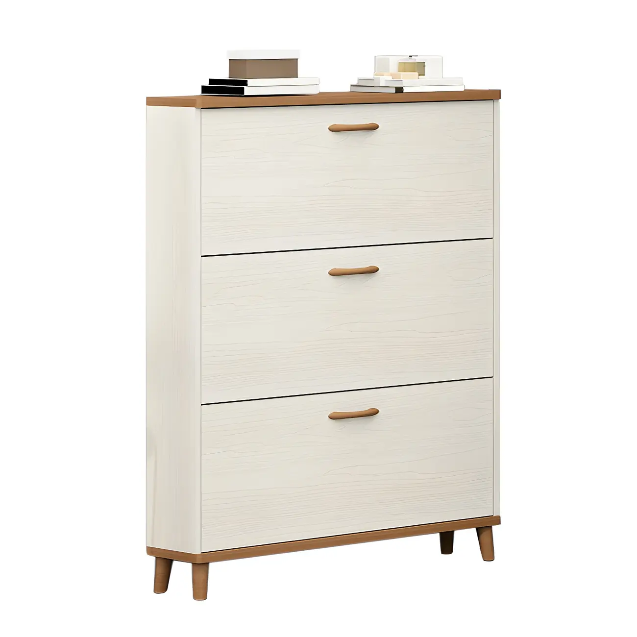 Narrow Beige Solid Wood Drop Front Shoe Cabinet