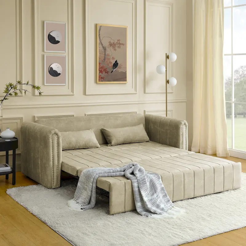 Modern 68 Foam 3 in 1 Pull-Out 3-seaters Bed Sleeper Sofa with Copper Nails and Two Drawers