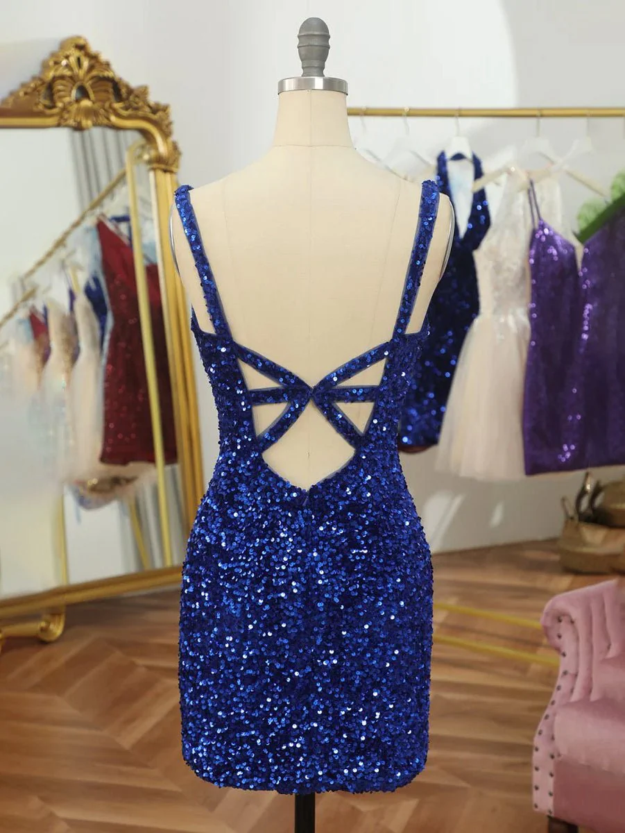 Light Blue Sheath Open Back Sequins Tight Mini Party Dresses