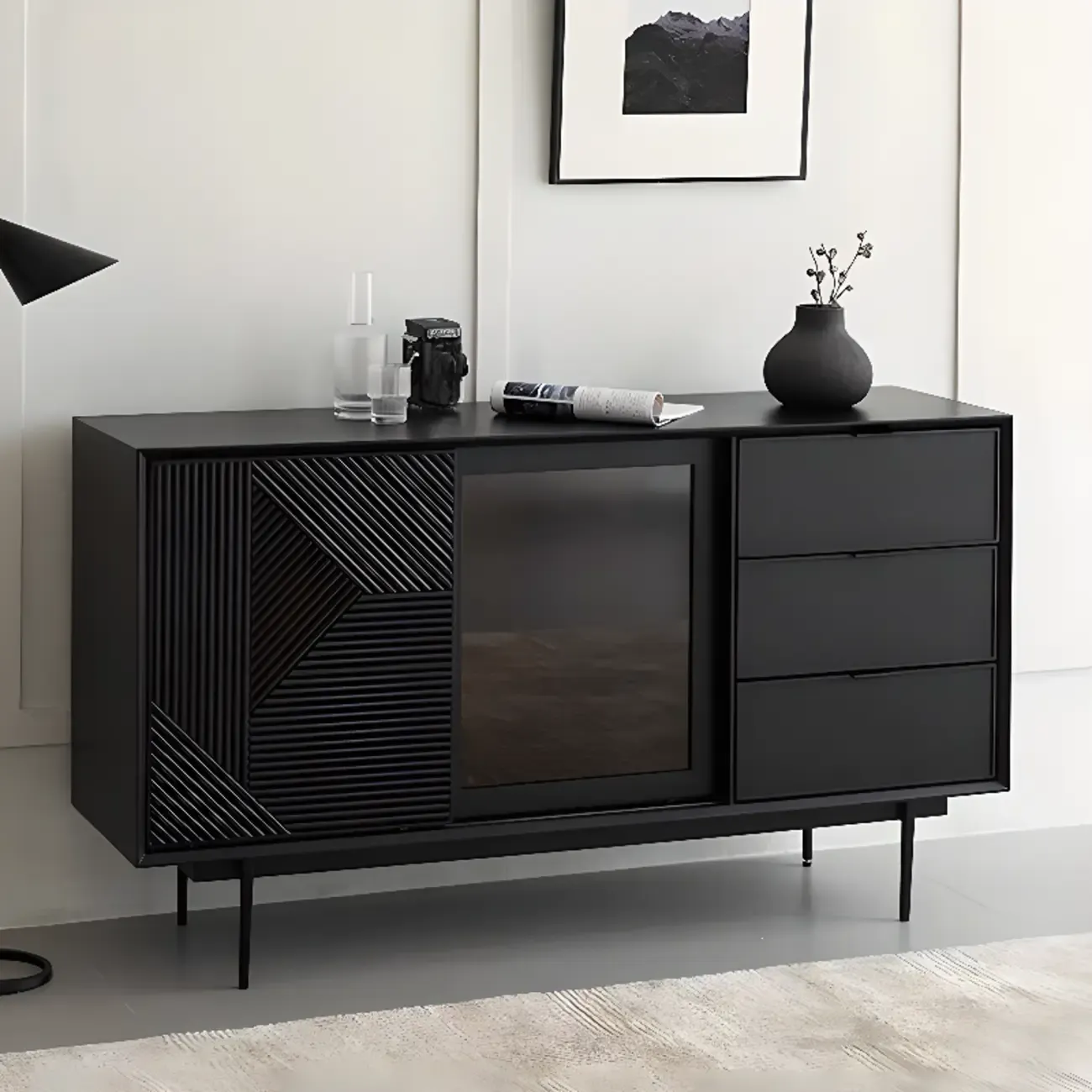 Modern Black Rectangle Cabinet for Living Room with Drawers