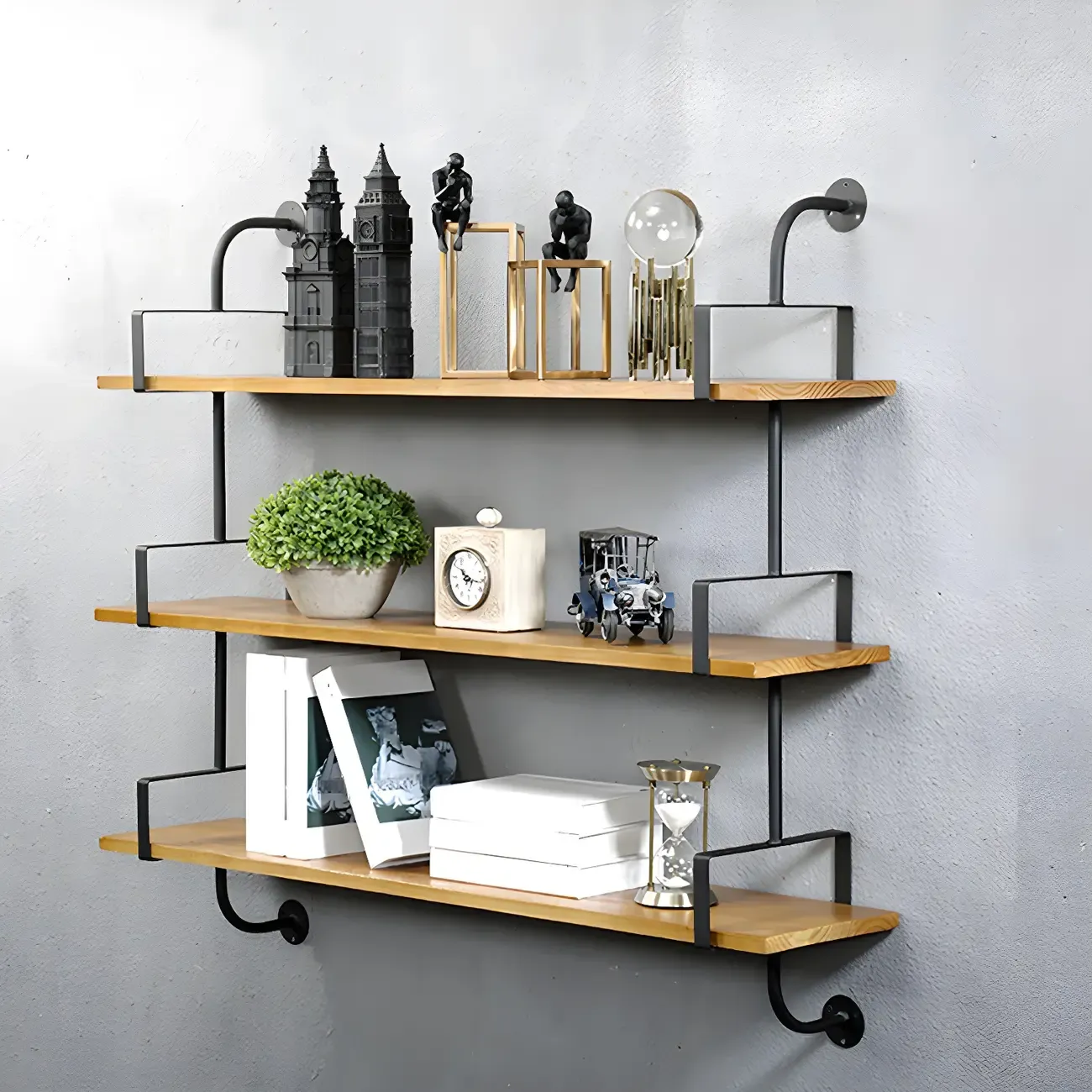 Simple 2-Tier Wood Metal Wall-Mounted Bookcase
