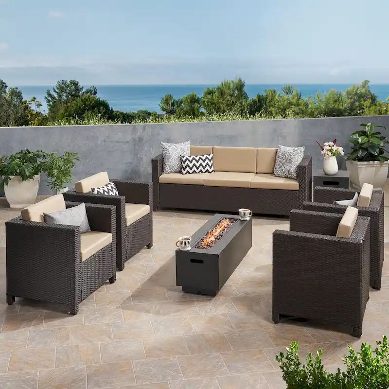 Hegseth Wicker/Iron 7-piece Chat Set with Fire Pit by Christopher Knight Home