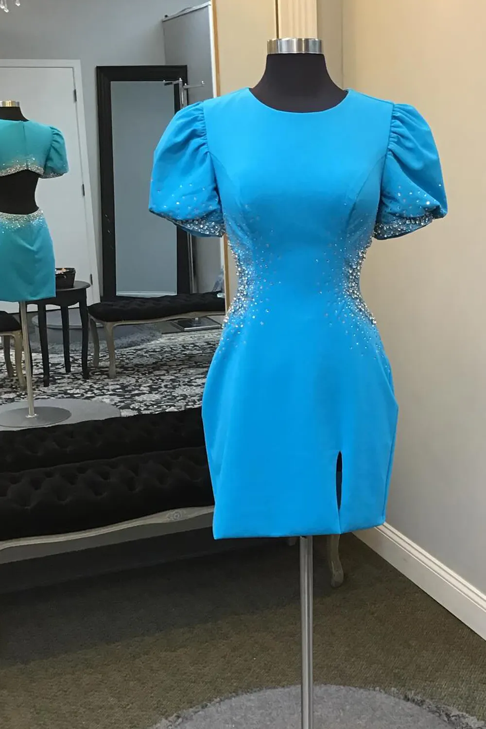 Blue High Neck Beaded Bodycon Short Homecoming Dress with Puff Sleeves