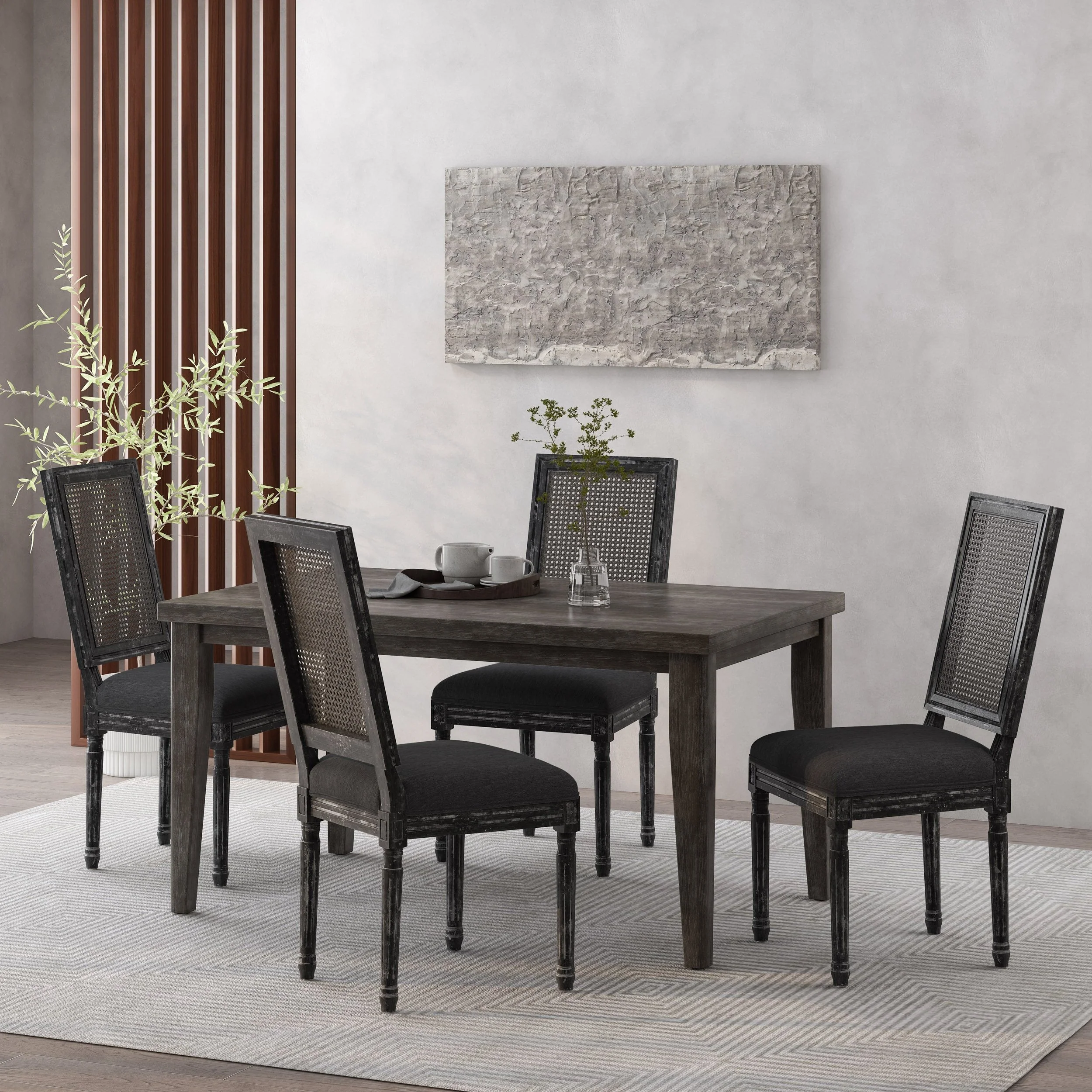 French Country Wood and Cane Upholstered Dining Chair, Set of 4 - NH494513