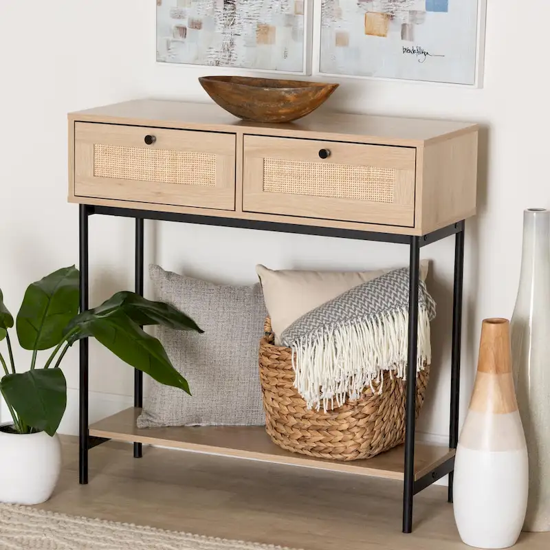 Sherwin Mid-Century Modern Light Brown and Black 2-Drawer Console Table with Woven Rattan Accent