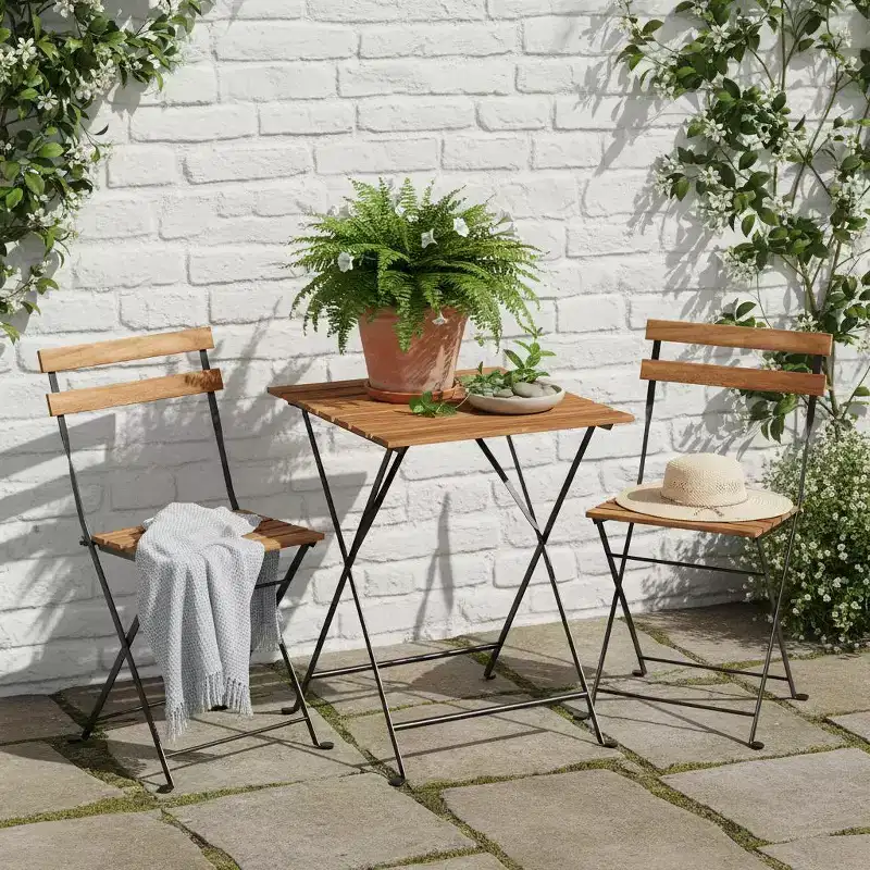 Gymax 3-Piece Acacia Wood Patio Bistro Set with Round Table & 2 Foldable Chairs Black + Brown/White + Gray