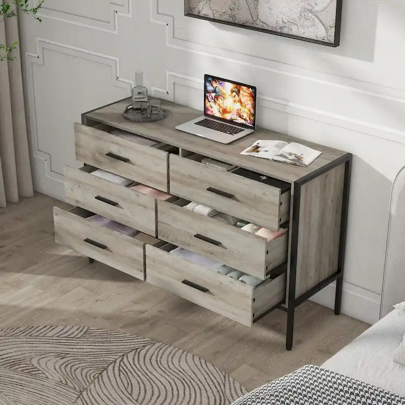 Grey 6-Drawer Wood Dresser for Bedroom, 1-Person Assembly
