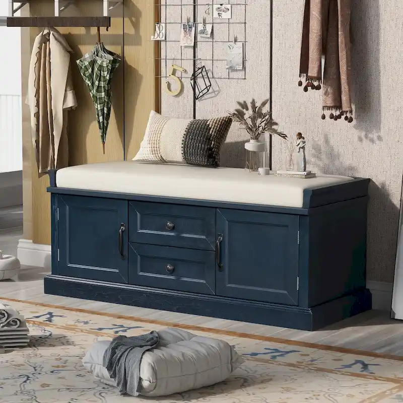 Storage Bench with 2 Drawers and 2 Cabinets and Removable Cushion