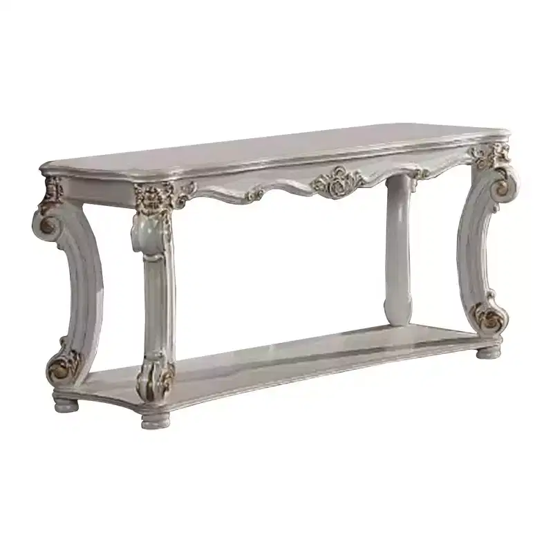 Royal Hampton 58 Inch Sofa Console Table, Classic Scrolled Legs, Brushed Gold, Shelf