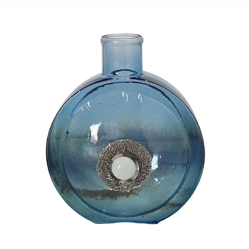 A&B Home Eliana Glass Vase with Iron and Stone Motif - Blue/Nickel