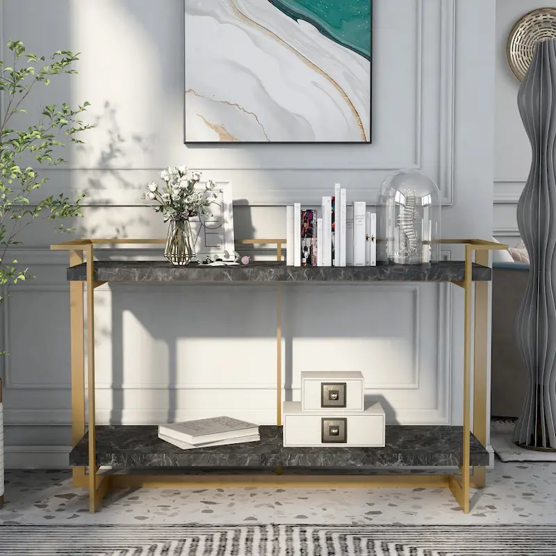 Lovell Glam Gold and Black 51-inch Faux Marble 1-Shelf Sofa Table by