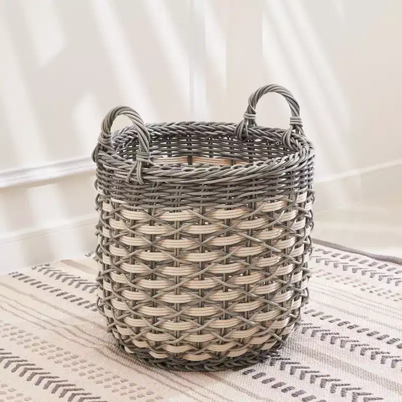 Round Resin Wicker Storage Basket with Handles – Black / Brown / Cream+Grey