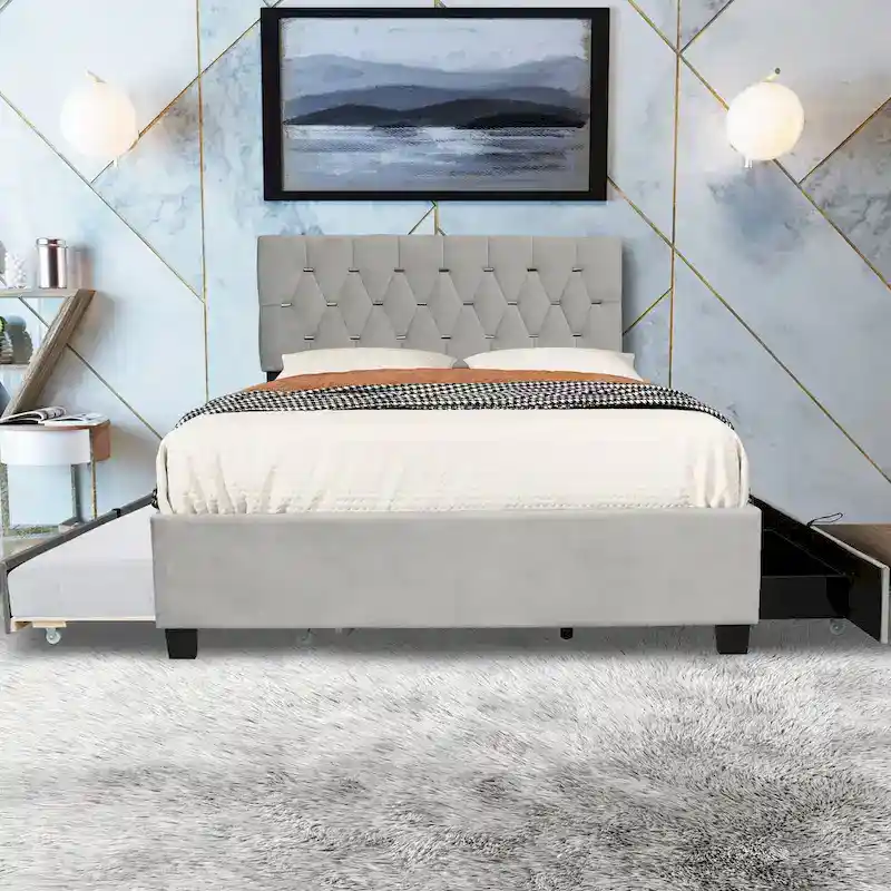 Queen Size Platform Bed with Gold Tufted Headboard with Trundle And Storage Drawers (600lb Capacity)