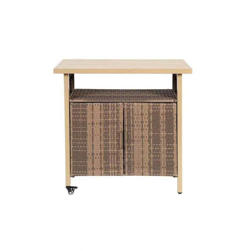 Outdoor Wicker Bar Cart, Patio Wine Serving Cart w/Wheels,Rolling Rattan Beverage Bar Counter Table w/Glass