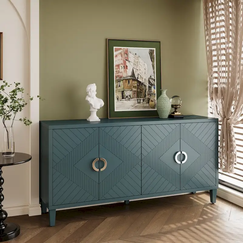 4-Door Sideboard Buffet Cabinet with Pine Legs – Adjustable Shelf, 330 lb Top