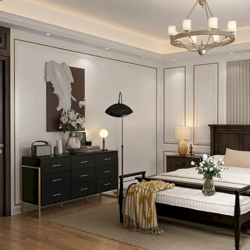 Elegant 9-Drawer Dresser with Gold Accents - Black Stripe Finish Chest