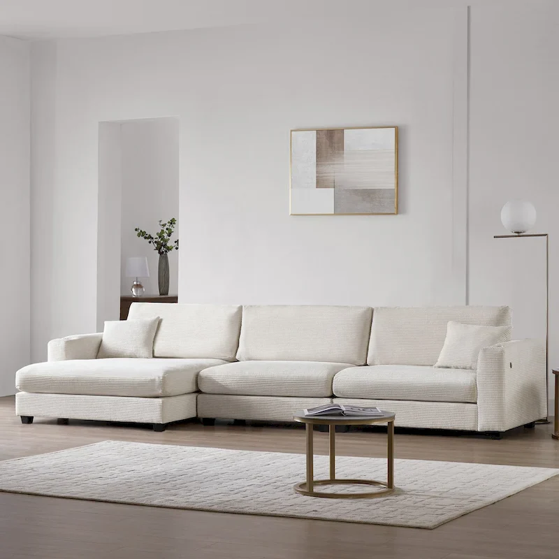 Beige / Gray / Khaki L-Shaped Corduroy Sectional Sofa with Chaise, 3-4 Seater
