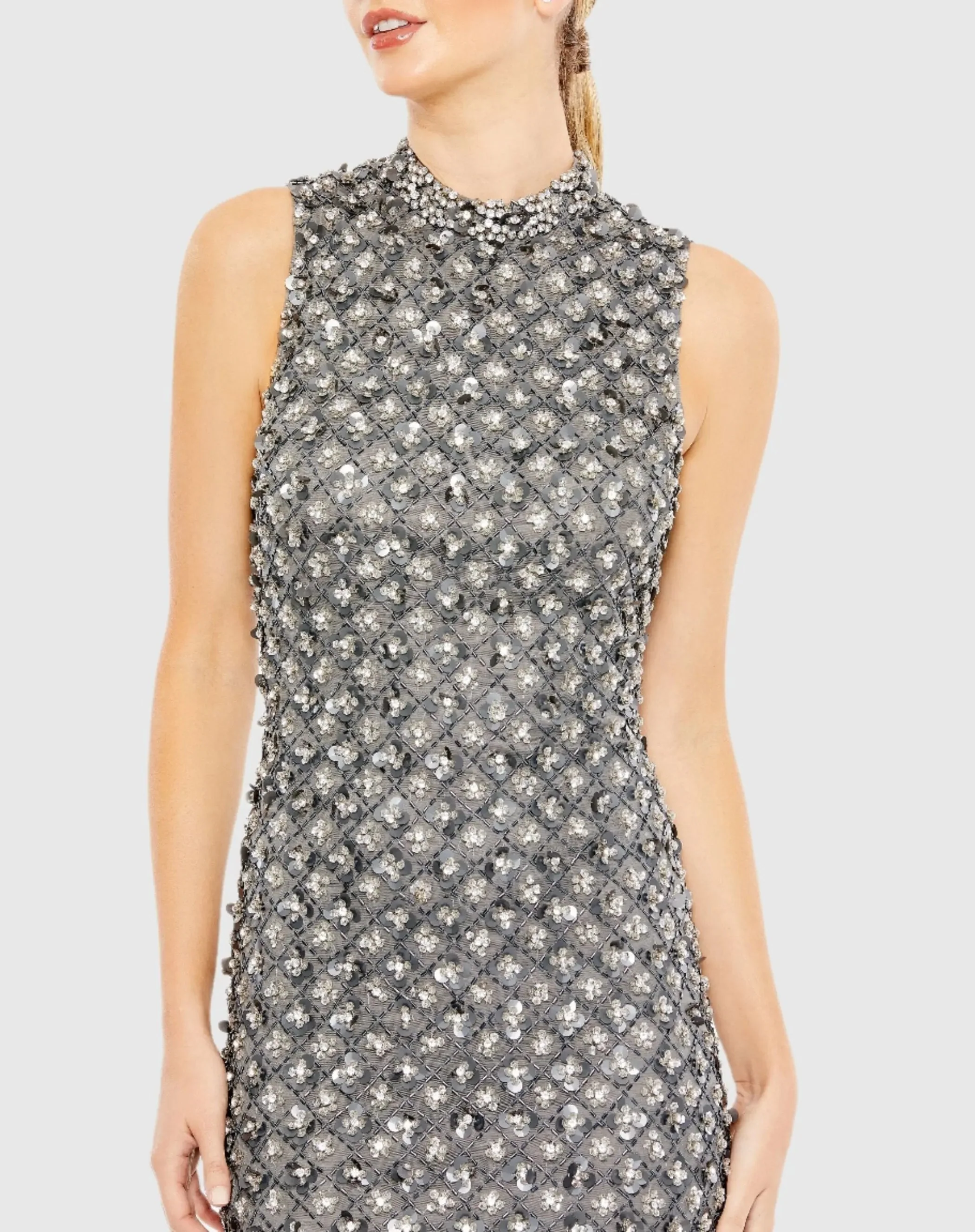 Gray Embellished High Neck Sleeveless Sheath Dress