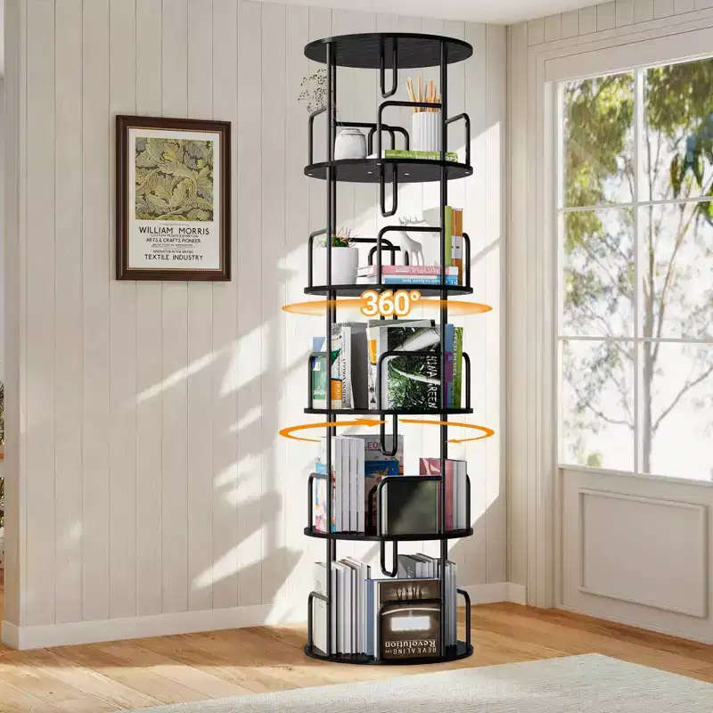 VIYET 62 5-Tier 360 Rotating Bookshelf Tower, Black MDF+Iron Narrow Tall Spinning Bookcase (Space-Saving Storage Organizer)