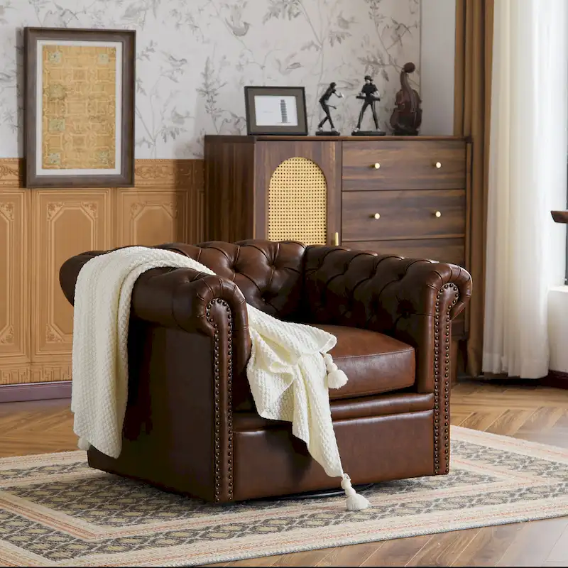 Chesterfield Swivel Club Chair with Deep Button Tufting and 360-Degree Rotation