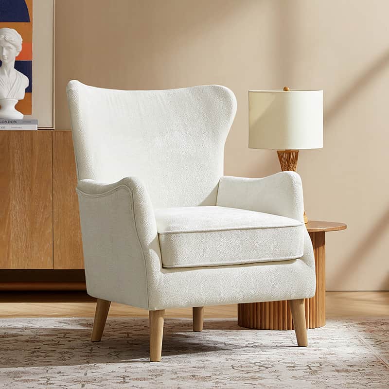 Wingback Armchair with Recessed Arms, Removable Cushion, Foam Fill & Rubberwood Legs | White / Ivory / Grey / Camel | Single Seat