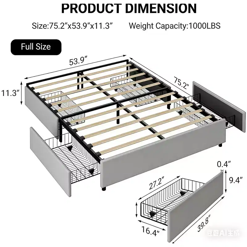 Platform Bed Frame, Fabric Upholstered with 4 Storage Drawers, Wooden Slats Support, No Box Spring Needed, Noise Free, Easy Assembly, Gray Full