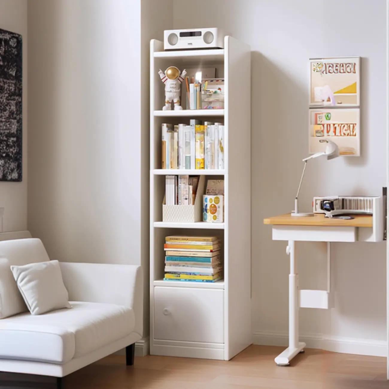 Narrow 6-Shelf White Wooden Bookcase with Cabinet
