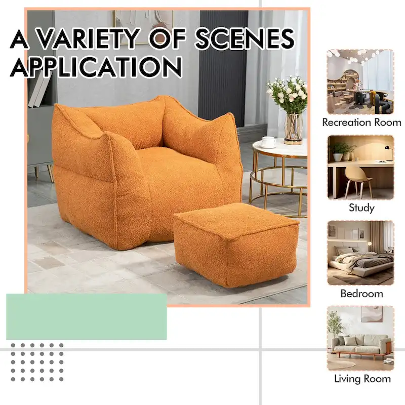 Boucle Upholstered Deep Seat Armless Square Bean Bag Chair with Ottoman