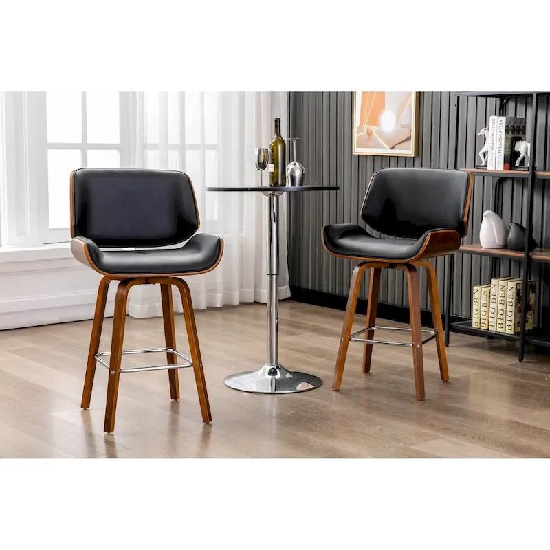 Swivel Counter Stool with PU Leather Seat and Wooden Legs