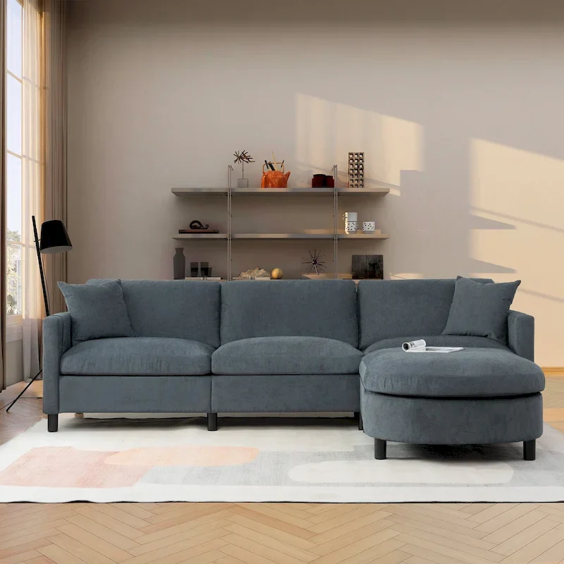 Grey 107.87 Removable Cushion 4 Seater Sectional Sofa with Movable Ottoman, Storage Armrest Bag