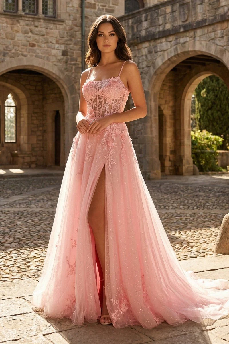 Coral Spaghetti-Straps A Line Tulle Prom Dress With Appliques