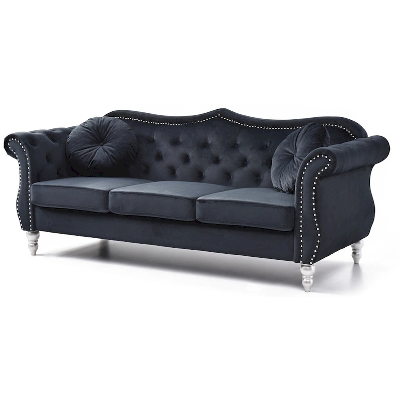 Hollywood 82 in. Velvet Chesterfield 3-Seater Sofa with 2-Throw Pillow - 82L x 35W x 34H