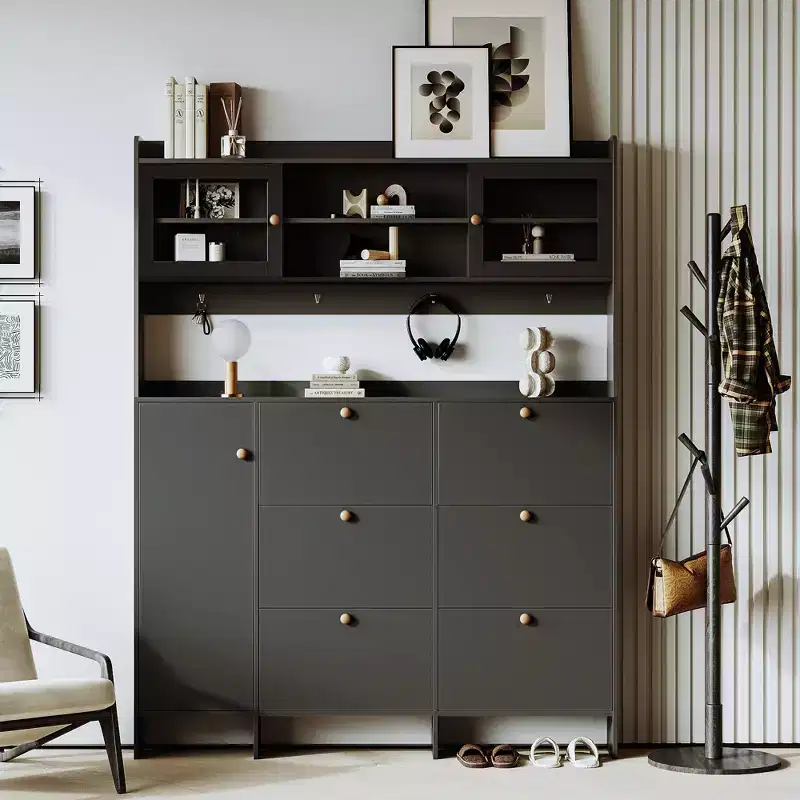 Multifunctional Tipping Bucket Shoe Cabinet Entryway Storage Cabinet Shoe Rack Organizer Hall Tree with 6 Flip Drawers&4 Hooks, White/Black-ModernLuxe