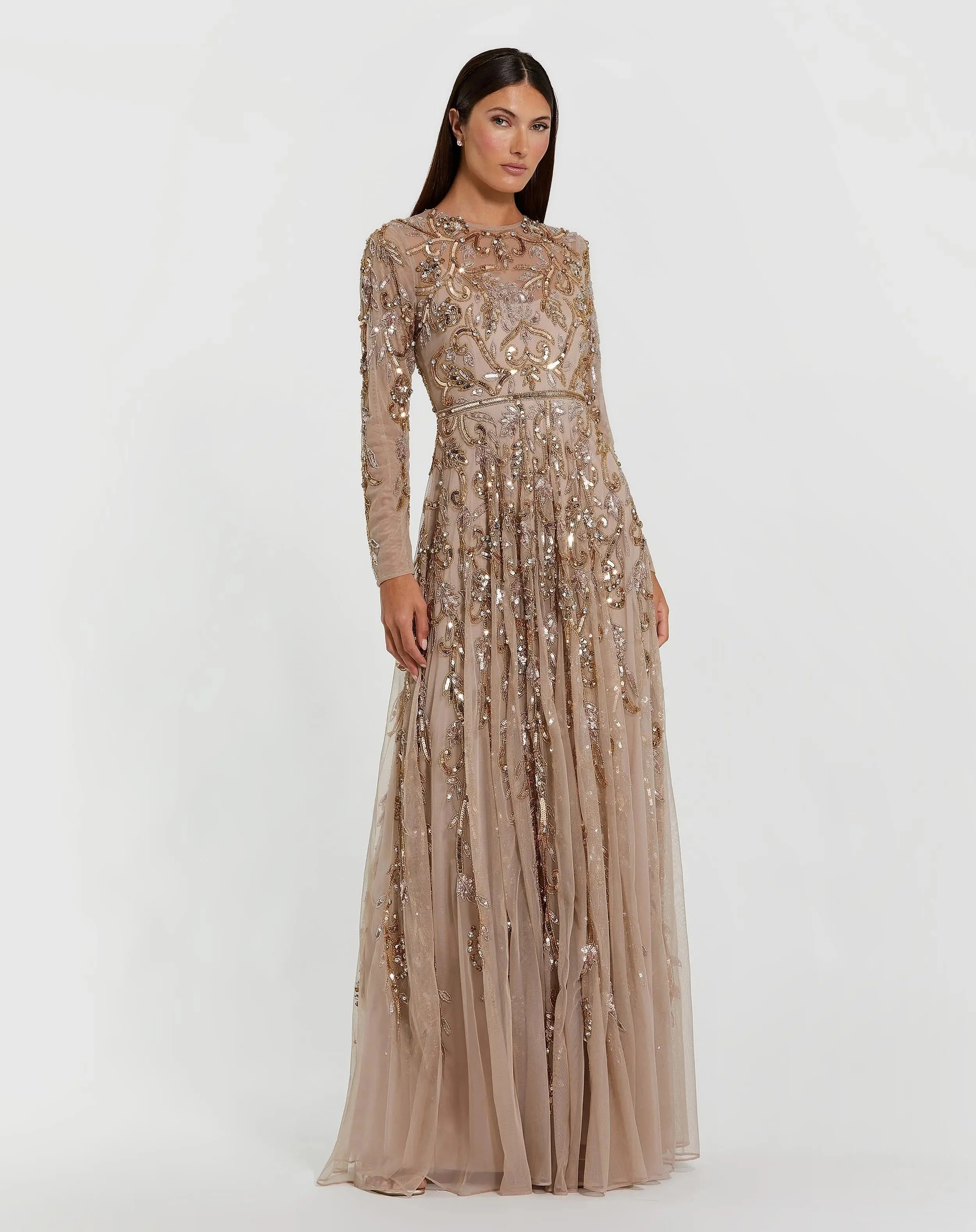 Beige Long Sleeve Hand Embellished Gown