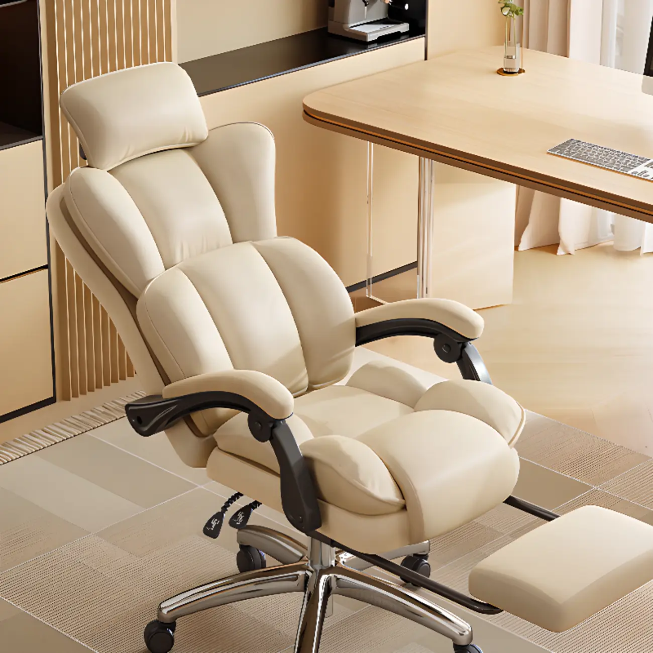 Modern Khaki Leather Adjustable Reclining Office Chair