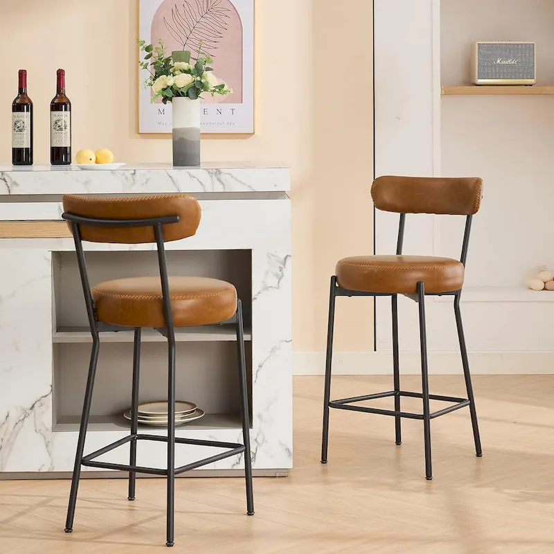 White/Black/Brown Boucle Counter Bar Stools with Back & Footrest, Set of 2