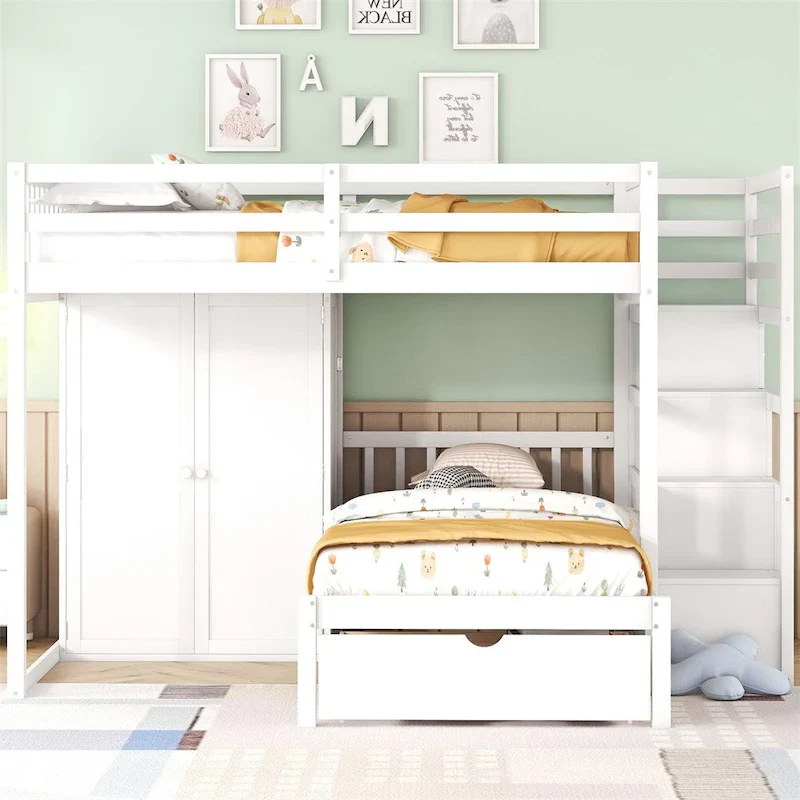 White/Grey Full Over Twin Bunk Bed with Wardrobe & Drawers, Sleeps 2