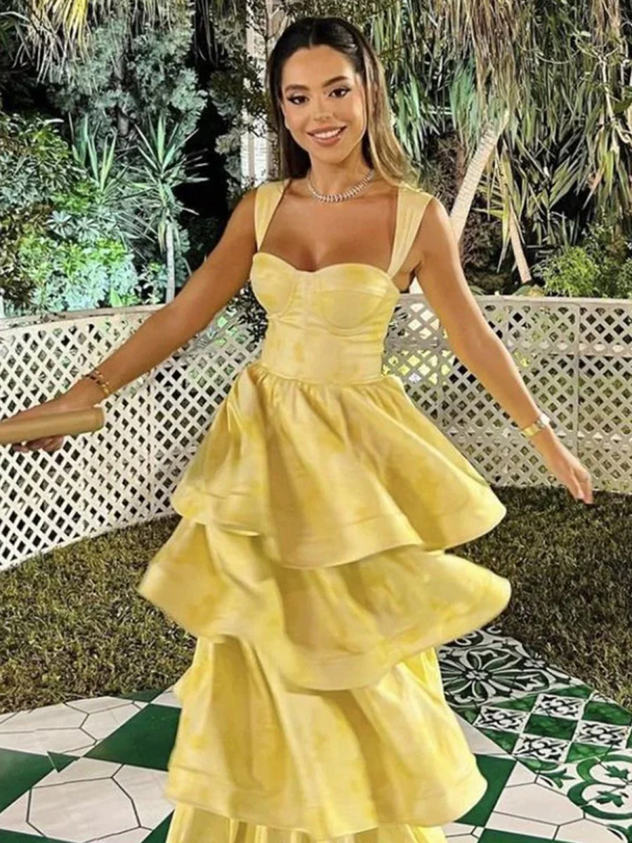Pastel Yellow Ruffle Tiered A-Line Long Party Prom Dress