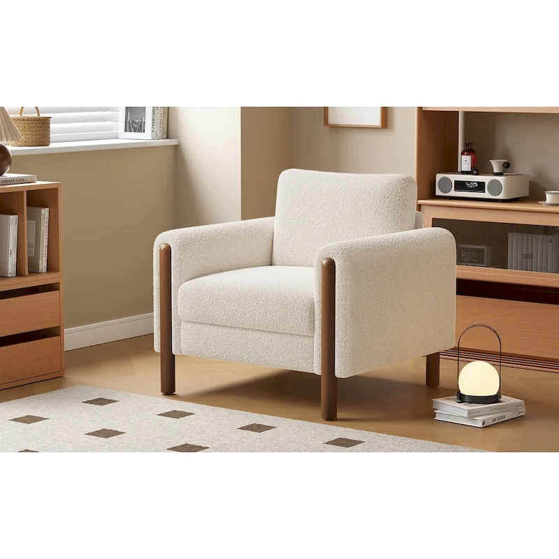 White 33.5 Upholstered Accent Chair with Walnut Legs and Curved Handrail