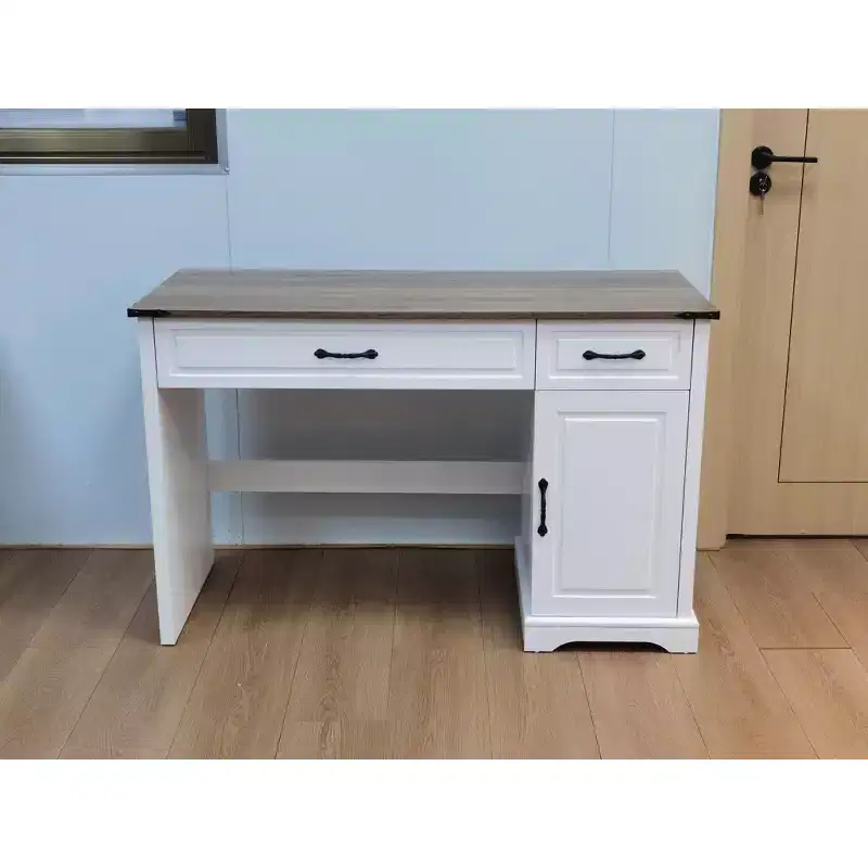 47-Inch White Computer Desk with 2 Drawers & Cabinet, Rectangle Writing Study Table for Home Office, Large Workstation with Storage